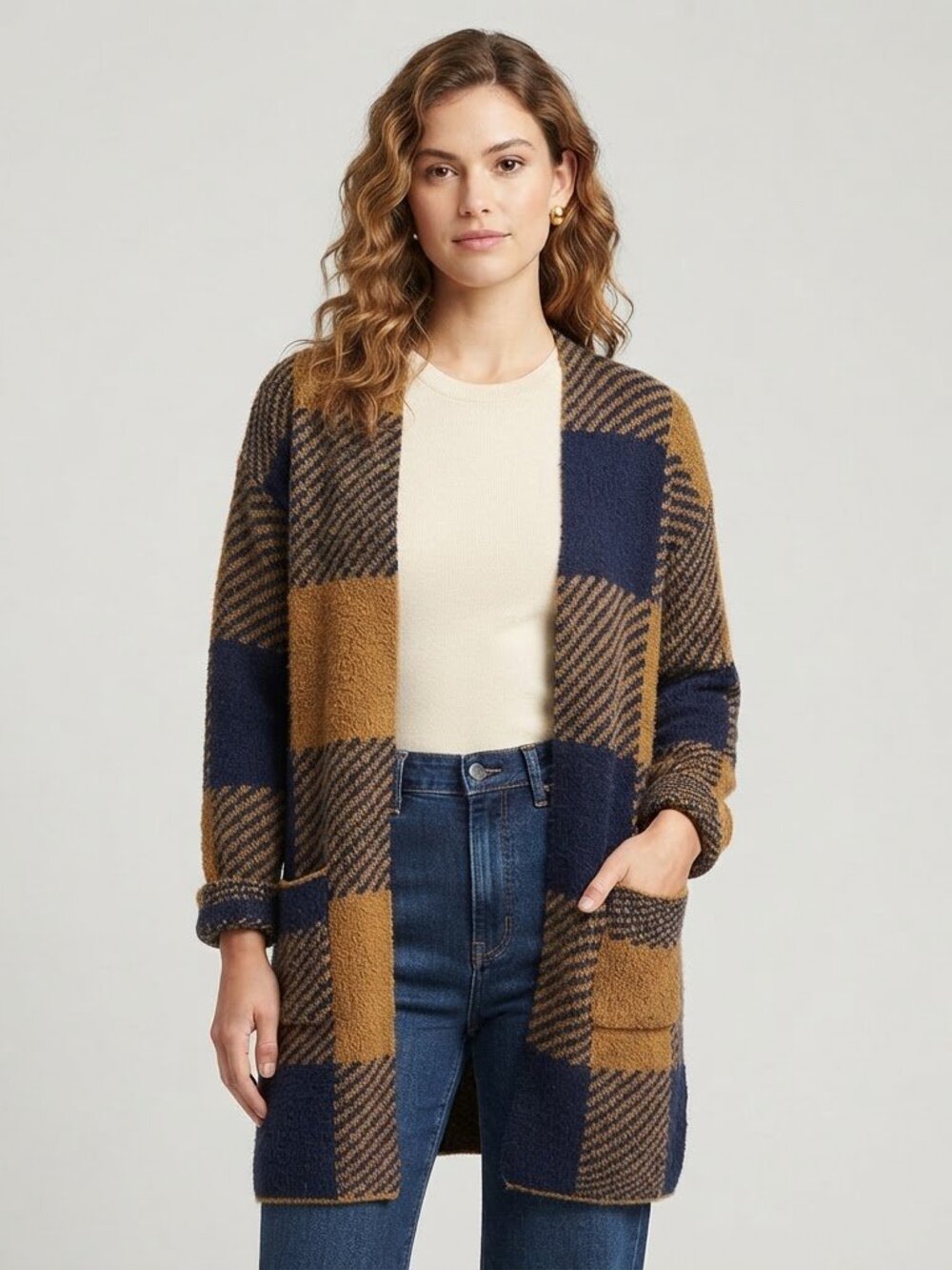 Toad&Co Cabin Fever Cardi Wool Blend Plaid Open Front Cardigan Sweater